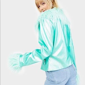 Dolls Kill x Winx Club Mint Fur Trim Lined Metallic Jacket Womens Medium